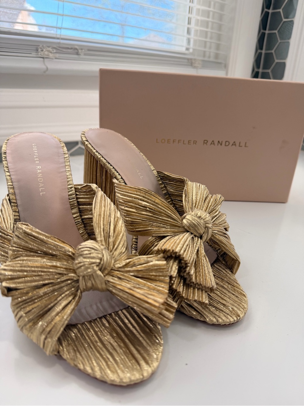 Loeffler Randall Metallic Gold Knotted Bow Block Heel Mules - Picture 9 of 10